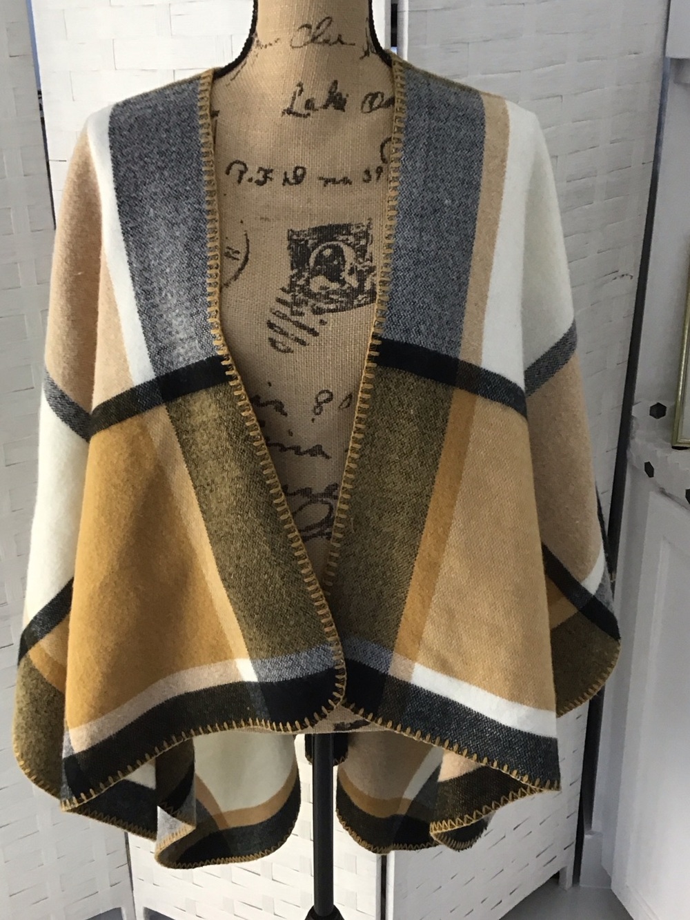 Open-Front Plaid Poncho Cape in Mustard and Gray